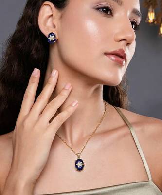 Royal blue color fashion chain pendant with earring set for casual daily wearing 1