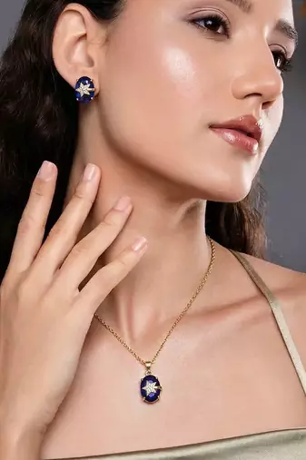 Royal blue color fashion chain pendant with earring set for casual daily wearing