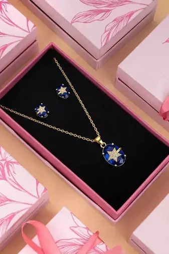 Royal blue color fashion chain pendant with earring set for casual daily wearing