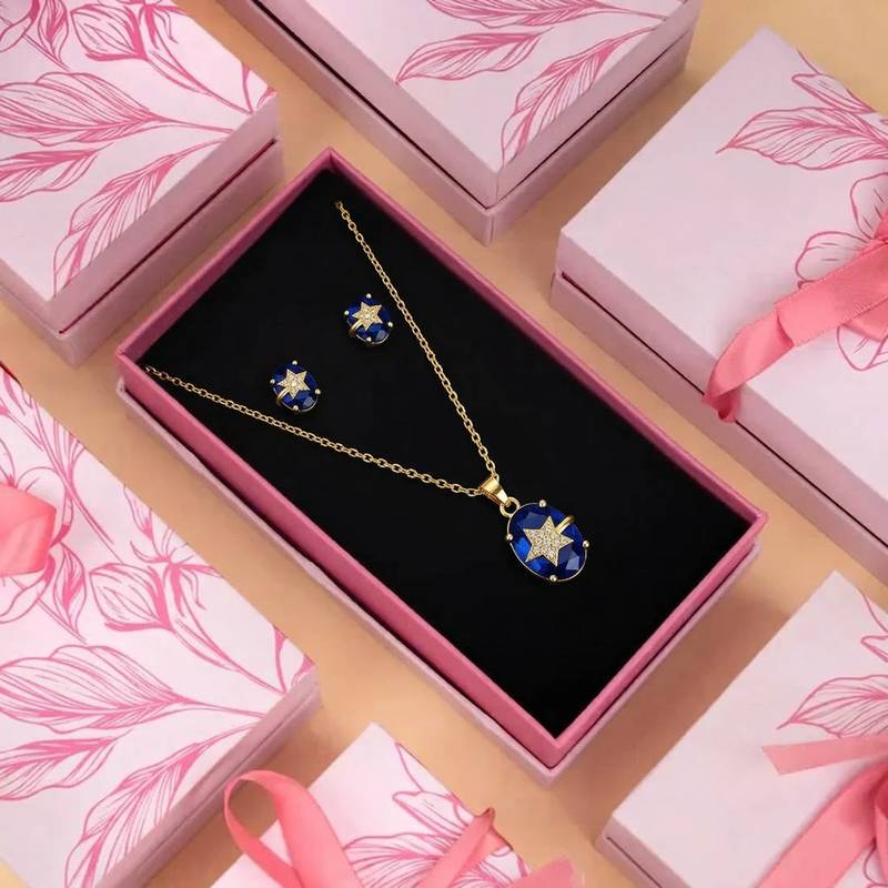 Royal blue color fashion chain pendant with earring set for casual daily wearing