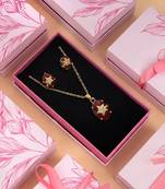 Classic crimson red color fashion chain pendant with earring set for celebrations