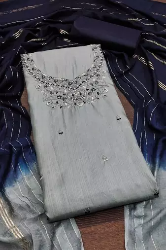 ethnic motifs embroidered mirror work detail unstitched dress material