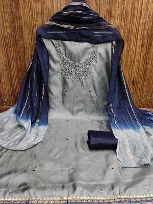 ethnic motifs embroidered mirror work detail unstitched dress material 3
