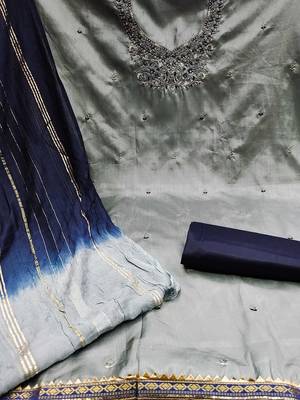 ethnic motifs embroidered mirror work detail unstitched dress material 4