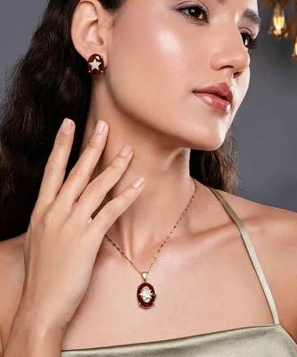 Classic crimson red color fashion chain pendant with earring set for celebrations 2