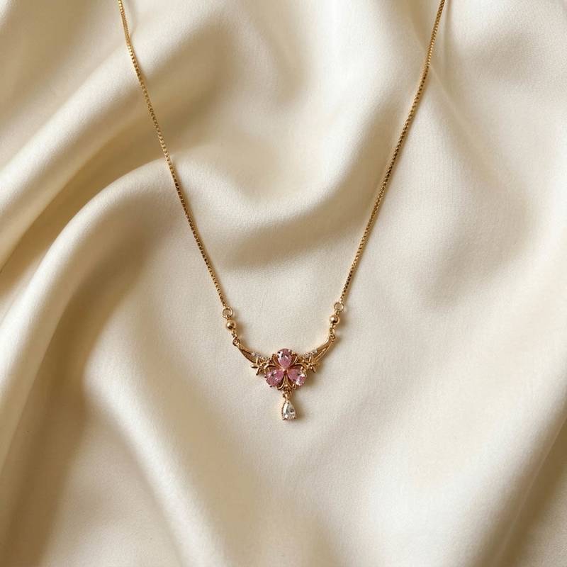 Soft powder light pink color fashion necklace created for delicate daily wear