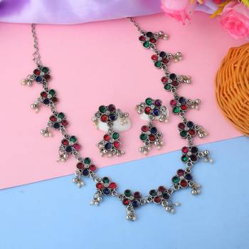 Vibrant cultural color meena work oxidised necklace set styled for festival occasions 2