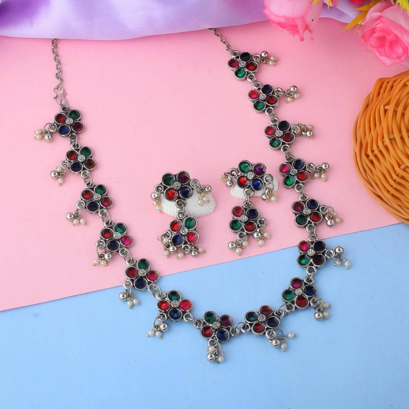 Vibrant cultural color meena work oxidised necklace set styled for festival occasions
