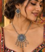 Traditional fine silver color oxidised necklace set suitable for traditional saree outfits