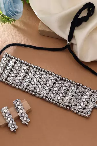 Stunning statement silver color oxidised necklace set perfect for formal festive gatherings