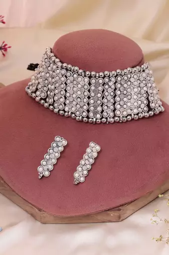 Stunning statement silver color oxidised necklace set perfect for formal festive gatherings