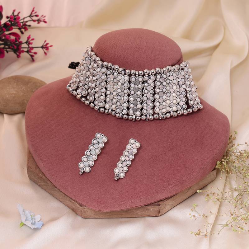 Stunning statement silver color oxidised necklace set perfect for formal festive gatherings