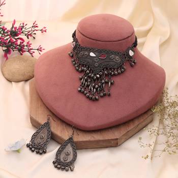 Exquisite polish silver color oxidised necklace set designed for elegant evening wear 2