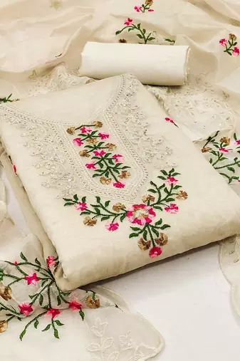 Embroidered Art Silk Unstitched Dress Material