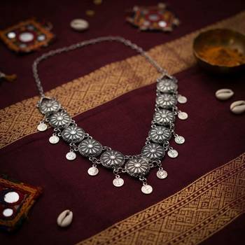 Rustic charm silver color oxidised short necklace designed for casual festivals 1