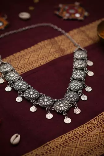 Rustic charm silver color oxidised short necklace designed for casual festivals