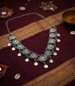 Rustic charm silver color oxidised short necklace designed for casual festivals