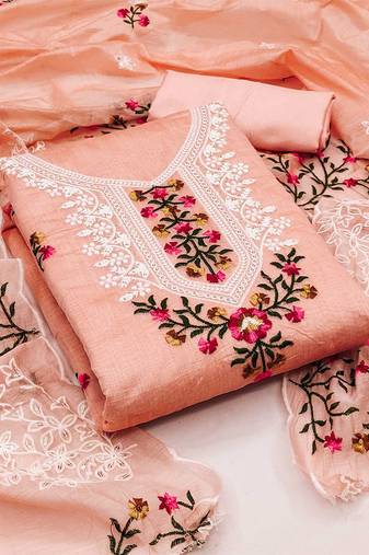 Embroidered Art Silk Unstitched Dress Material