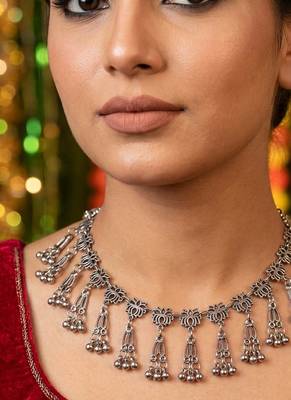 Spiritual lotus design silver color oxidised necklace created for divine occasions 2