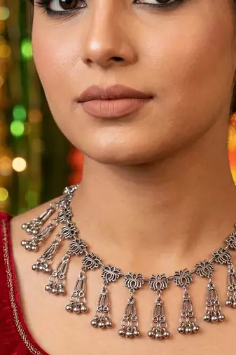 Spiritual lotus design silver color oxidised necklace created for divine occasions
