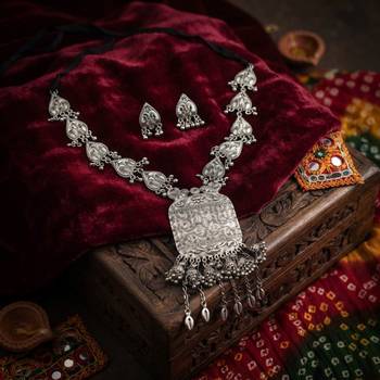 Glamorous long silver color oxidised necklace set perfect for festive celebrations 1