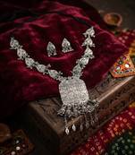 Glamorous long silver color oxidised necklace set perfect for festive celebrations