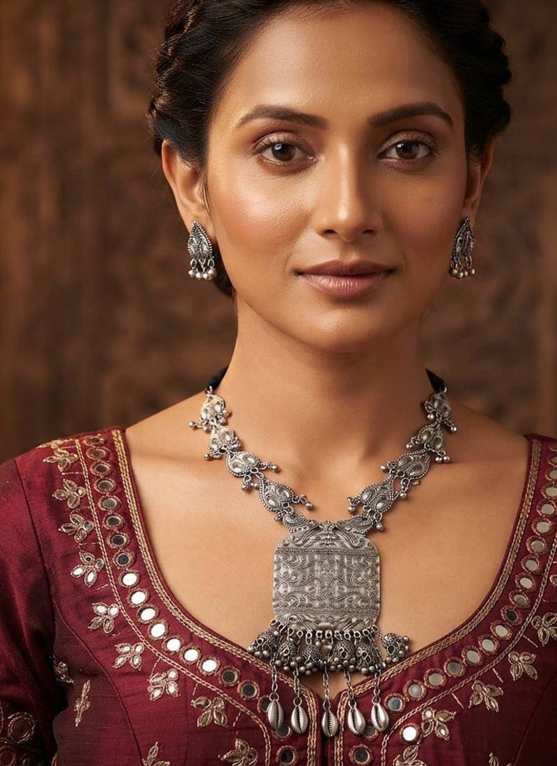 Glamorous long silver color oxidised necklace set perfect for festive celebrations