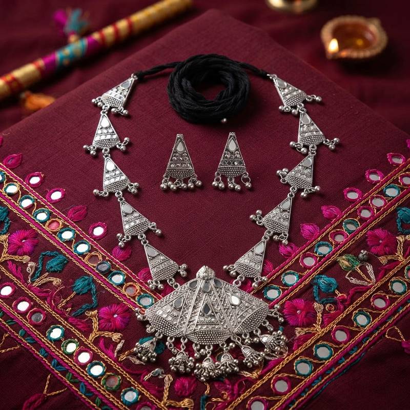 Dazzling mirror work silver color oxidised necklace set designed for sangeet ceremonies