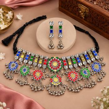 Eye catching multi color mirror work oxidised necklace set for grand festivities 1