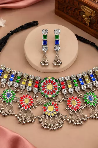 Eye catching multi color mirror work oxidised necklace set for grand festivities