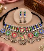 Eye catching multi color mirror work oxidised necklace set for grand festivities