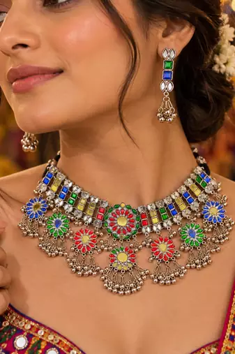 Eye catching multi color mirror work oxidised necklace set for grand festivities