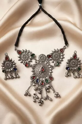 Vibrant festive multi color oxidised necklace set tailored for sangeet night parties