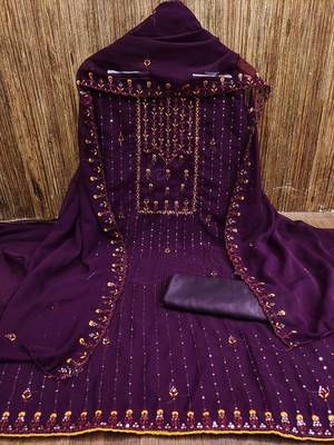 floral embroidered sequined georgette unstitched dress material 4