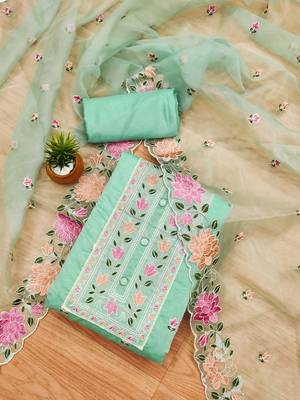 ethnic motifs embroidered organza unstitched dress material 1
