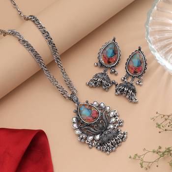 Sparkling multi color mirror work oxidised necklace ideal for boho fashion styling 1