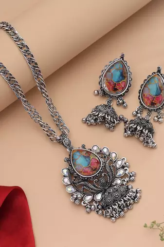 Sparkling multi color mirror work oxidised necklace ideal for boho fashion styling