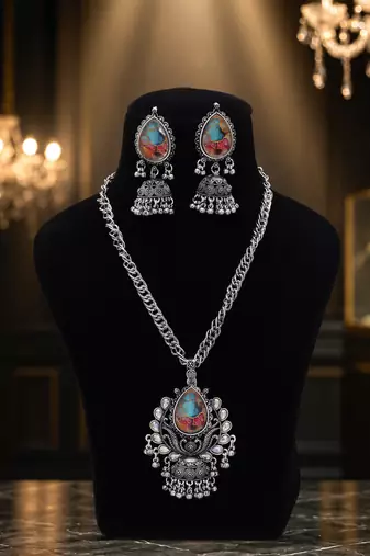 Sparkling multi color mirror work oxidised necklace ideal for boho fashion styling
