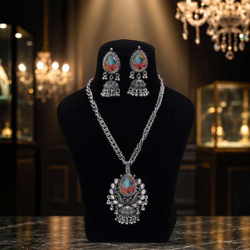 Sparkling multi color mirror work oxidised necklace ideal for boho fashion styling