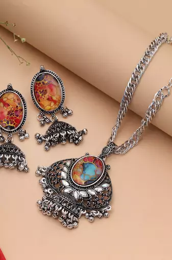 Festive multi color mirror work oxidised necklace crafted for navratri garba nights
