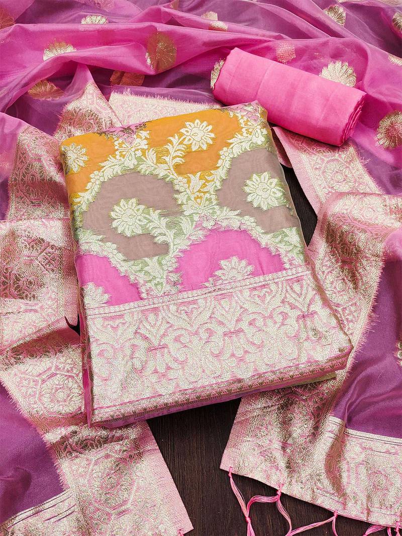 Ethnic Motifs Woven Design Organza Dress Material