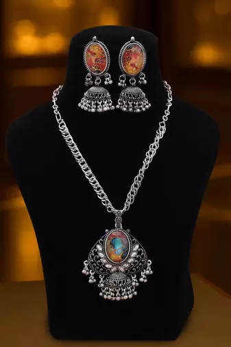 Festive multi color mirror work oxidised necklace crafted for navratri garba nights
