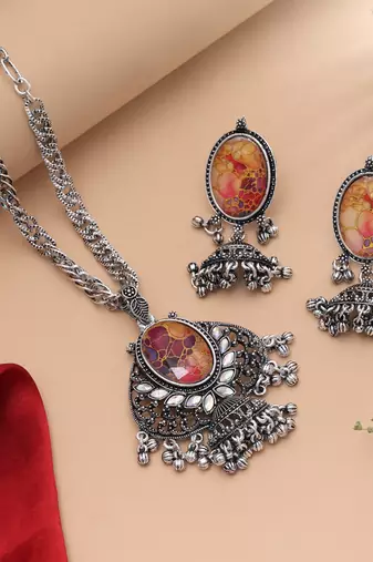 Festive multi color mirror work oxidised necklace crafted for navratri garba nights