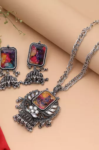 Dazzling festive multi color mirror work oxidised necklace for sangeet partywear