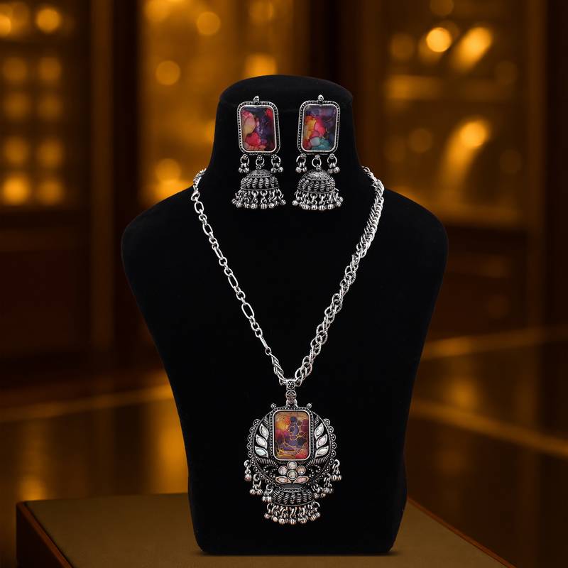 Dazzling festive multi color mirror work oxidised necklace for sangeet partywear