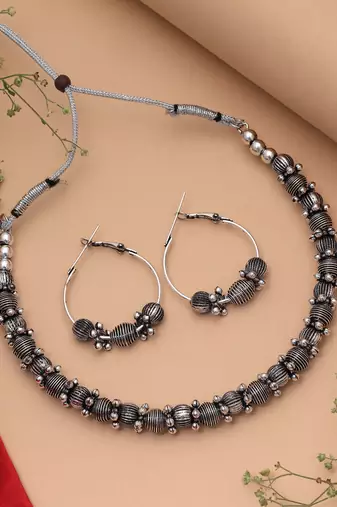 Exquisite heritage silver color oxidised necklace set designed for indian festivals