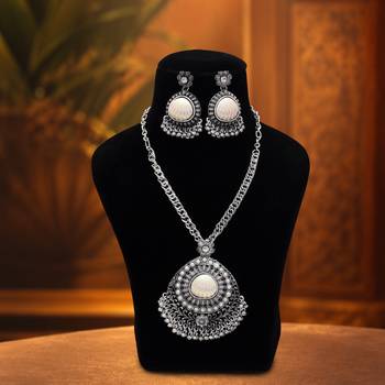 Fine polish silver color oxidised necklace set tailored for evening festive functions 2