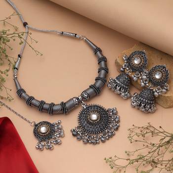 Chic two tone color dual tone oxidised necklace set for contemporary fusion outfits 1