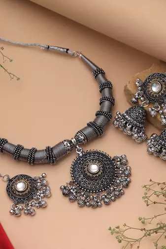 Chic two tone color dual tone oxidised necklace set for contemporary fusion outfits
