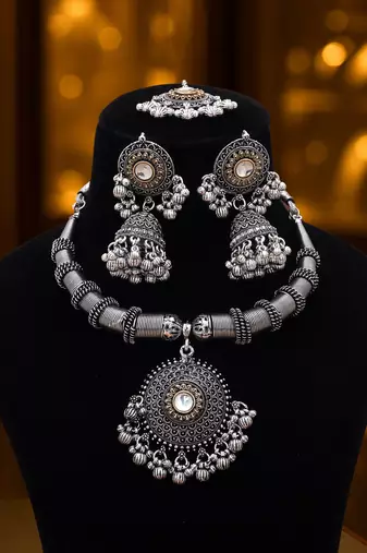 Chic two tone color dual tone oxidised necklace set for contemporary fusion outfits